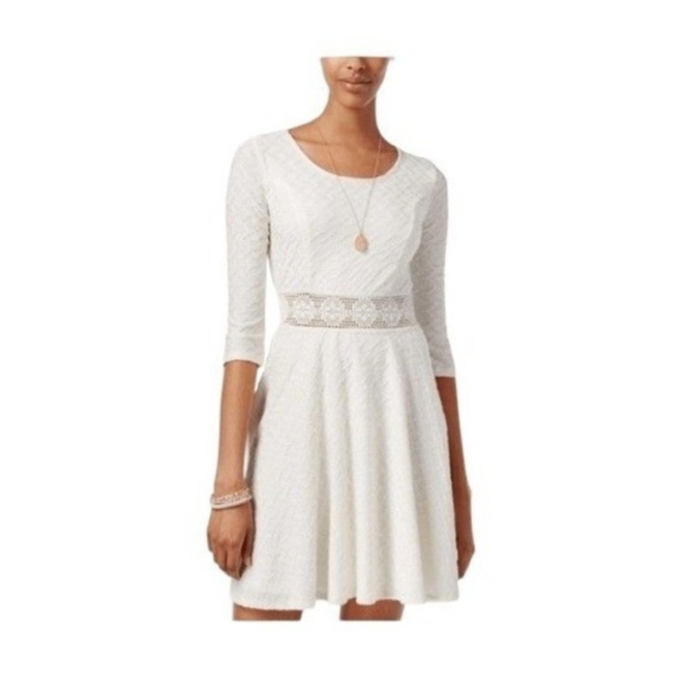 American‎ Rag Cie Fit and Flare Mini Dress Ivory Cream Textured 3/4 Sleeve L